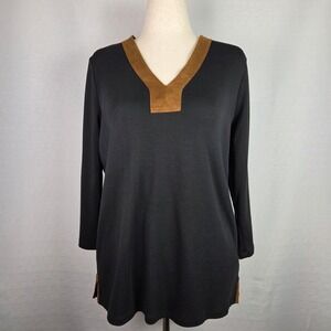 Lauren Ralph‎ Lauren Black Tunic Brown Suede Trim Old Money Preppy Women's 1X